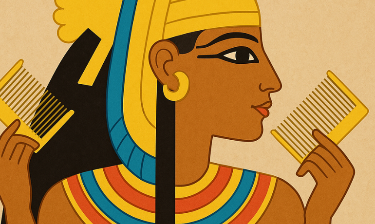امرأة فرعونية ترتدي ملابس تقليدية وتمسك مشطًا دقيق الأسنان يُستخدم قديمًا لإزالة القمل مع استمرار القمل حتى اليوم