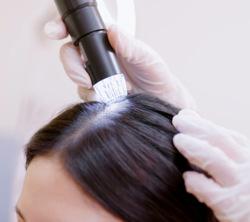 فحص فروة الرأس باستخدام كاميرا دقيقة داخل عيادة متخصصة للكشف المبكر عن القمل ومعرفة تأثير القمل على الشعر