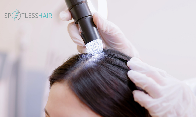 فحص فروة الرأس باستخدام كاميرا دقيقة داخل عيادة متخصصة للكشف المبكر عن القمل ومعرفة أضرار القمل على الشعر